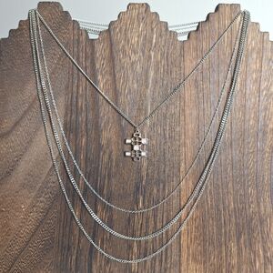 Vintage 4 Strand Silvertone Long Chain Necklace With Geometric Pendant